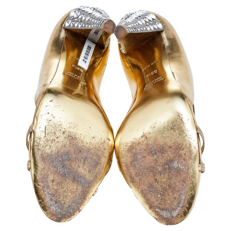 Pre Owned Miu Miu Metallic Gold Leather Crystal Embellished Pumps Size 38.5