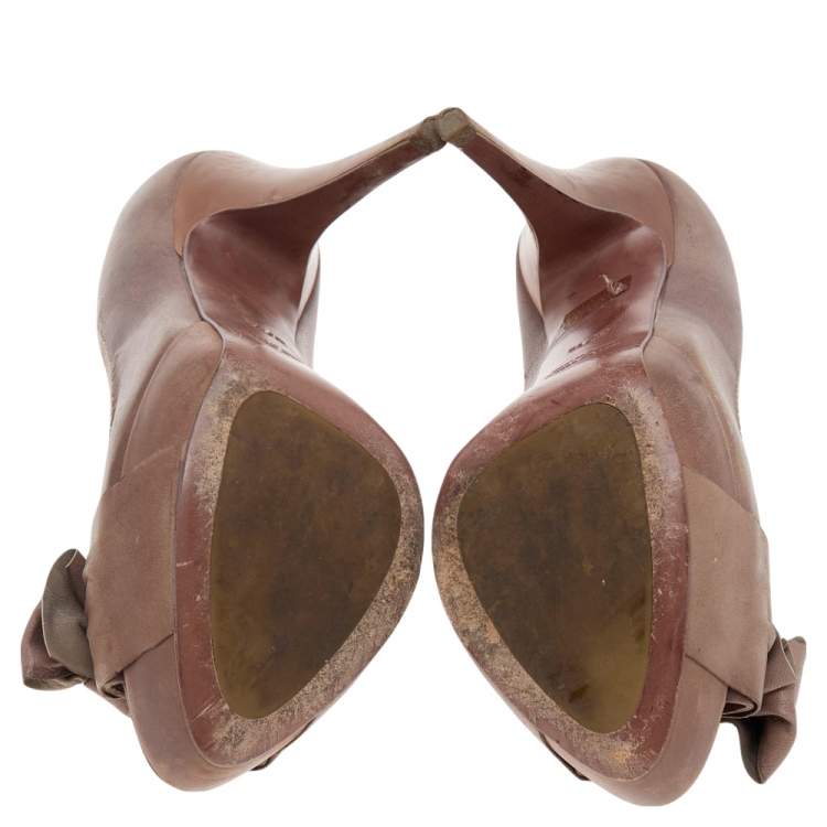 Pre Owned Miu Miu Beige Leather Bow Peep Toe Platform Pumps Size 37.5