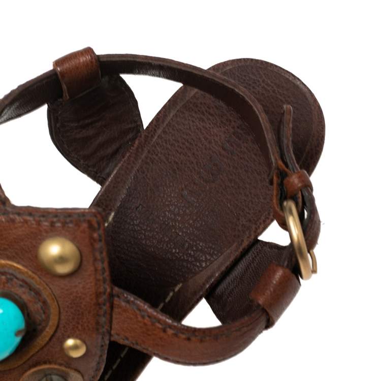 Pre Owned Miu Miu Brown/Turquoise Studded Stones Leather Ankle-Strap Sandals Size 40.5