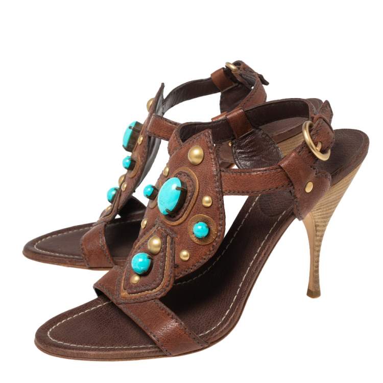 Pre Owned Miu Miu Brown/Turquoise Studded Stones Leather Ankle-Strap Sandals Size 40.5