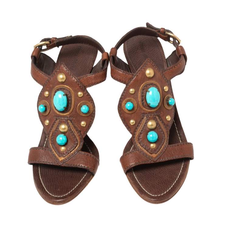 Pre Owned Miu Miu Brown/Turquoise Studded Stones Leather Ankle-Strap Sandals Size 40.5