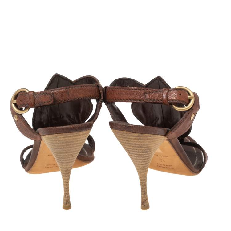 Pre Owned Miu Miu Brown/Turquoise Studded Stones Leather Ankle-Strap Sandals Size 40.5