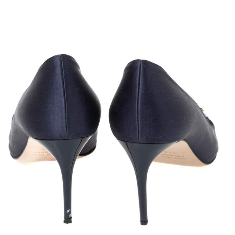 Pre Owned Miu Miu Navy Blue Satin Crystal Embellished Heart Pointed Toe Pumps Size 37.5