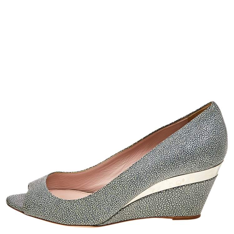 Pre Owned Miu Miu Grey Leather Peep Toe Wedge Pumps Size 36
