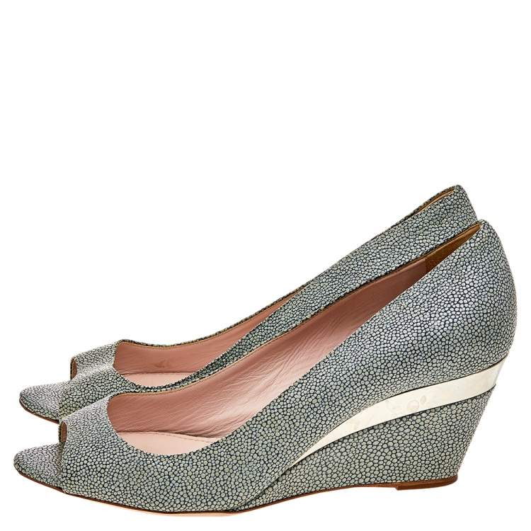 Pre Owned Miu Miu Grey Leather Peep Toe Wedge Pumps Size 36