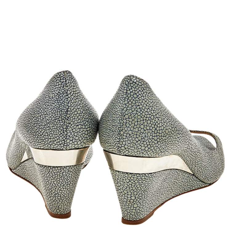 Pre Owned Miu Miu Grey Leather Peep Toe Wedge Pumps Size 36