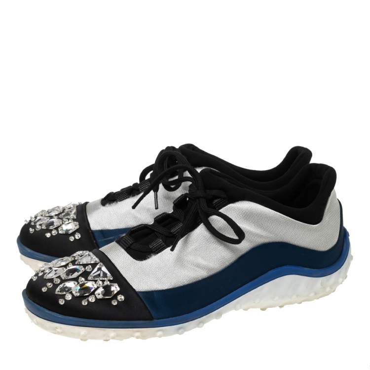 Pre Owned Miu Miu Tri-Color Satin and Fabric Crystal Embellished Cap Toe Lace-Up Sneakers Size 39