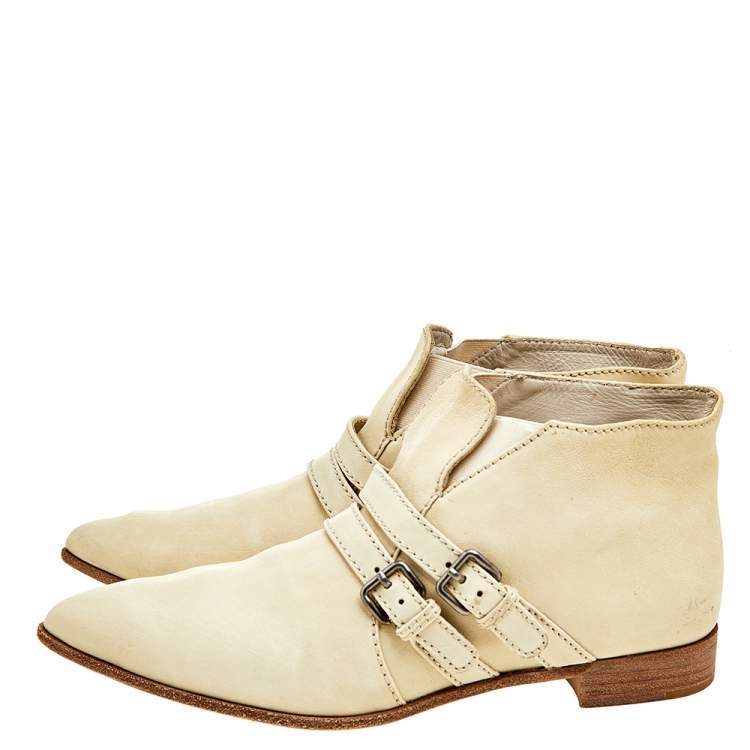 Pre Owned Miu Miu Off White Leather Slip On Ankle Length Boots Size 39