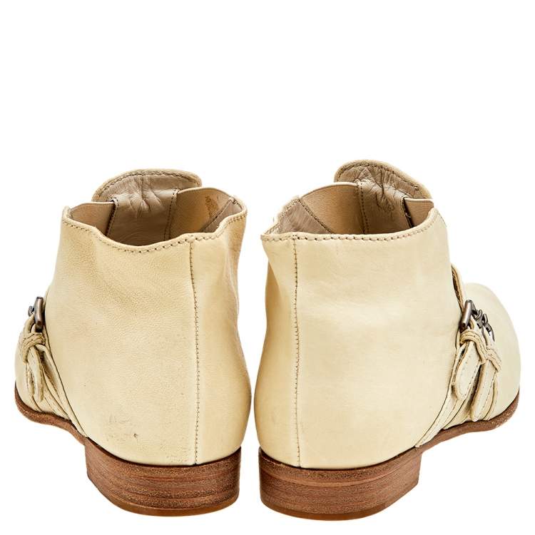 Pre Owned Miu Miu Off White Leather Slip On Ankle Length Boots Size 39