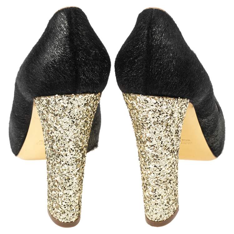 Pre Owned Miu Miu Black/Gold Calf Hair And Coarse Glitter Cap-Toe Block Heel Pumps Size 40