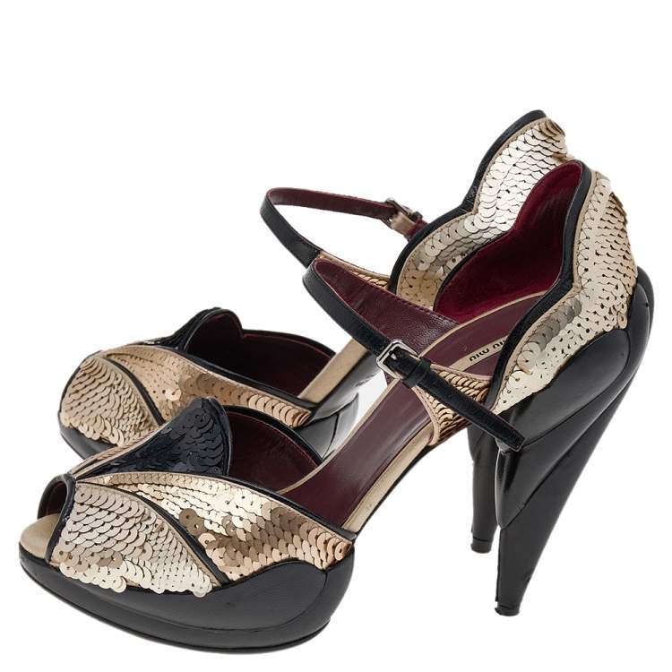 Pre Owned Miu Miu Multicolour Sequins And Leather Carved Heel Peep Toe Ankle Strap Pumps Size 37.5