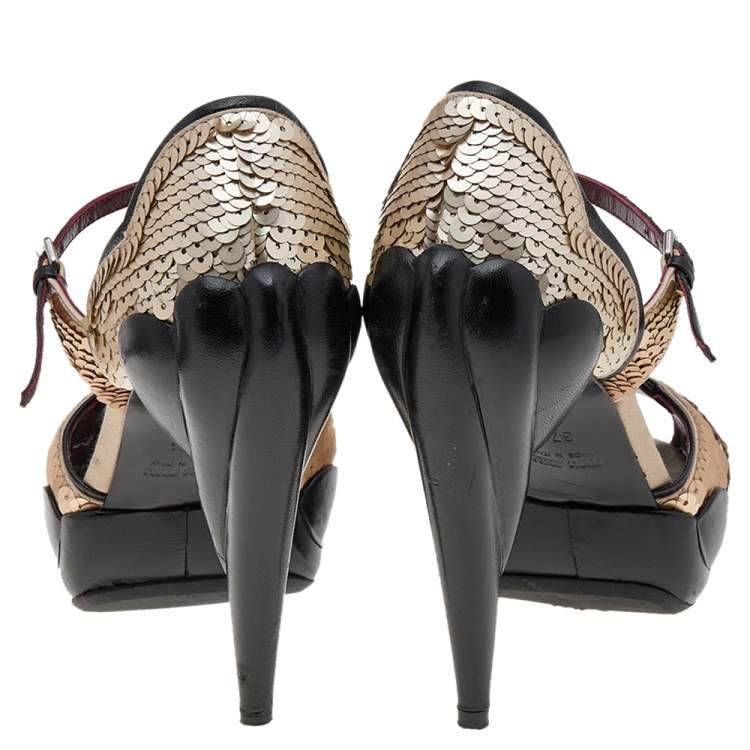 Pre Owned Miu Miu Multicolour Sequins And Leather Carved Heel Peep Toe Ankle Strap Pumps Size 37.5