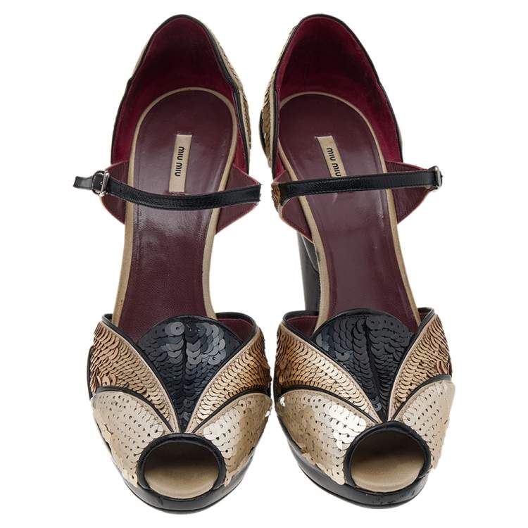Pre Owned Miu Miu Multicolour Sequins And Leather Carved Heel Peep Toe Ankle Strap Pumps Size 37.5