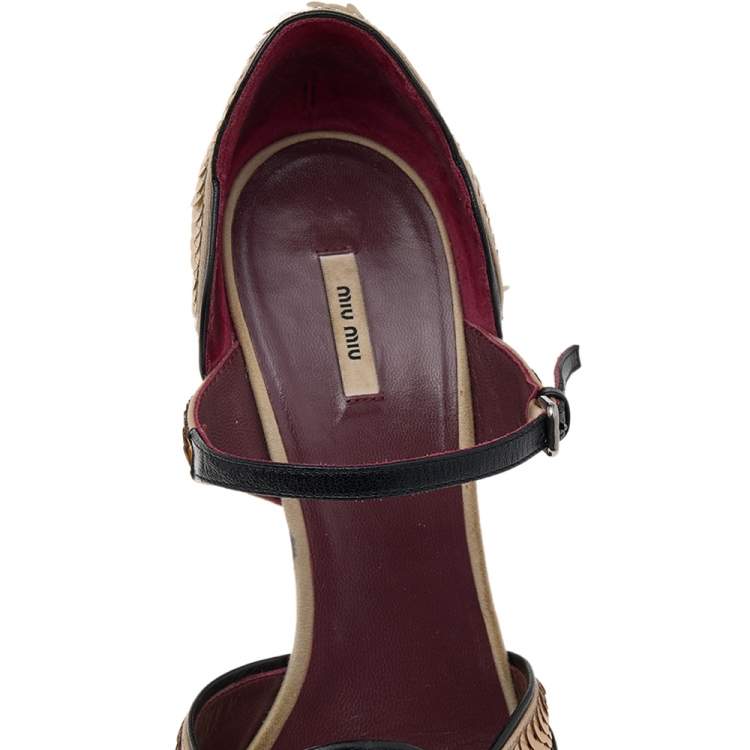 Pre Owned Miu Miu Multicolour Sequins And Leather Carved Heel Peep Toe Ankle Strap Pumps Size 37.5