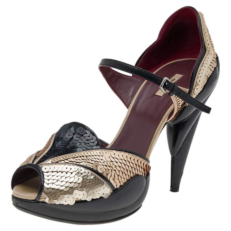Pre Owned Miu Miu Multicolour Sequins And Leather Carved Heel Peep Toe Ankle Strap Pumps Size 37.5