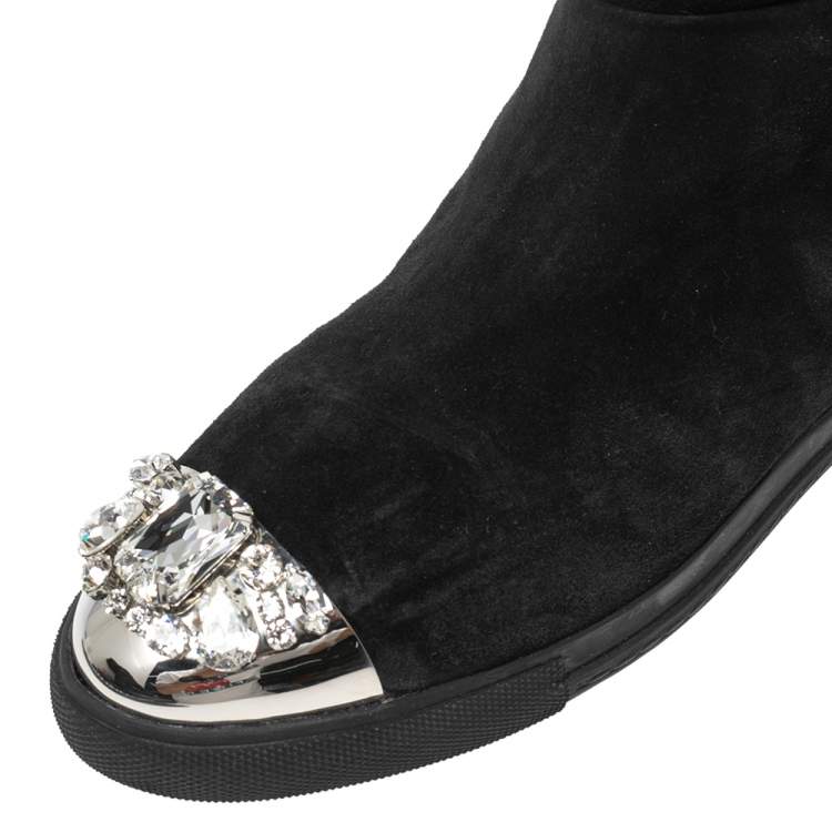Pre Owned Miu Miu Black Suede And Fur Crystal Embellished Knee Flat Boots Size 40.5