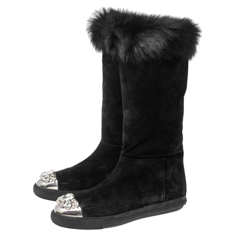 Pre Owned Miu Miu Black Suede And Fur Crystal Embellished Knee Flat Boots Size 40.5