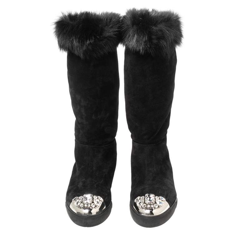 Pre Owned Miu Miu Black Suede And Fur Crystal Embellished Knee Flat Boots Size 40.5