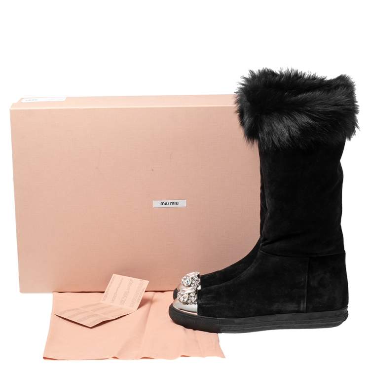 Pre Owned Miu Miu Black Suede And Fur Crystal Embellished Knee Flat Boots Size 40.5