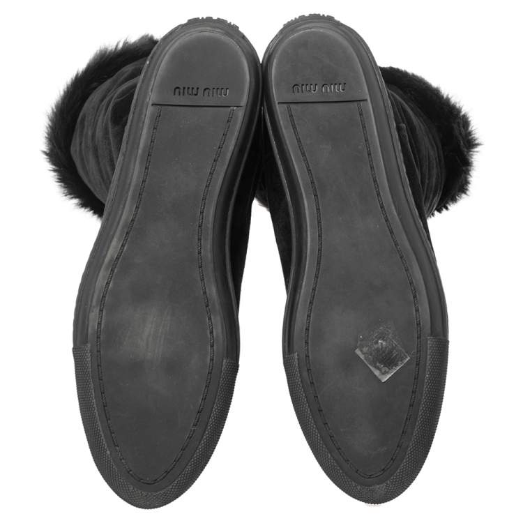 Pre Owned Miu Miu Black Suede And Fur Crystal Embellished Knee Flat Boots Size 40.5