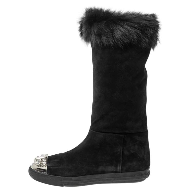 Pre Owned Miu Miu Black Suede And Fur Crystal Embellished Knee Flat Boots Size 40.5