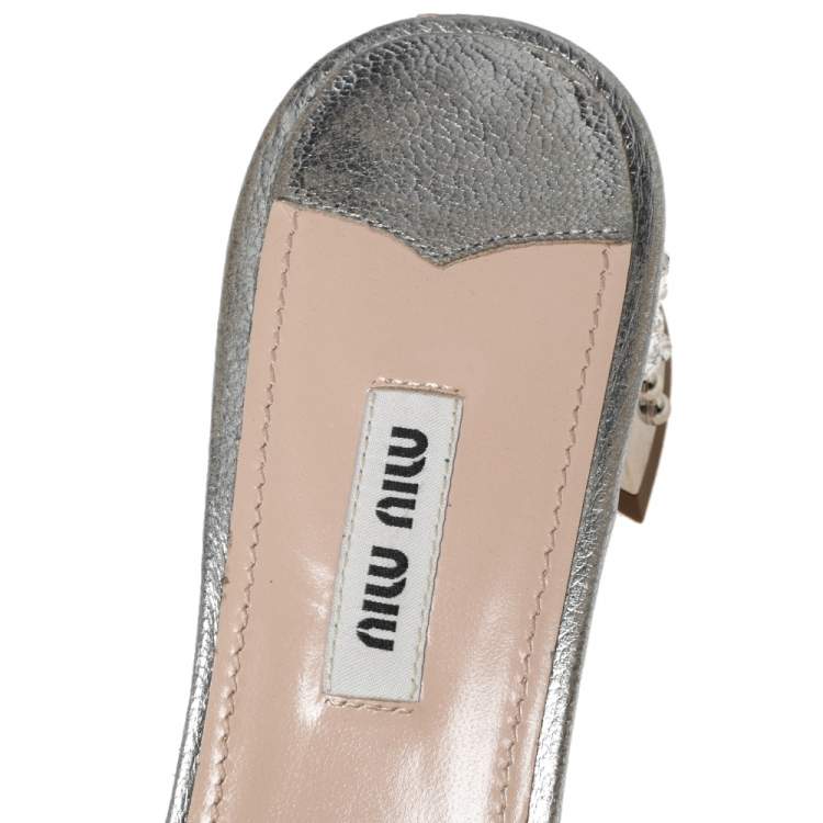 Pre Owned Miu Miu Silver Leather Crystal Embellished Slide Sandals Size 40