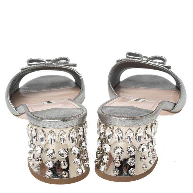 Pre Owned Miu Miu Silver Leather Crystal Embellished Slide Sandals Size 40