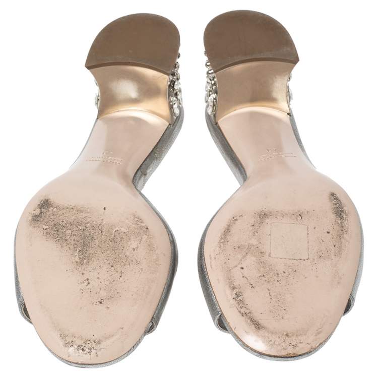 Pre Owned Miu Miu Silver Leather Crystal Embellished Slide Sandals Size 40