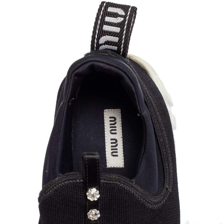Pre Owned Miu Miu Black Fabric Crystal Embellished Slip On Sneakers Size 37