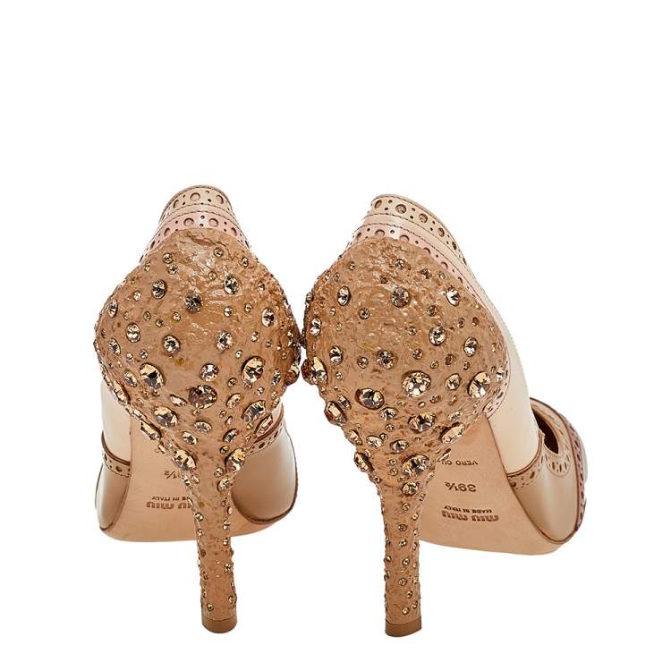 Pre Owned Miu Miu Multicolor Brogue Leather Crystal Embellished Heel Round Toe Pumps Size 39.5