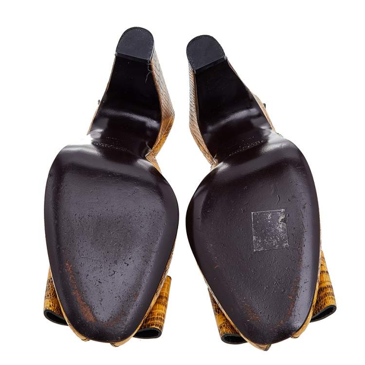 مملوكة مسبقًا Miu Miu Mustard Lizard Embossed Leather Bow Slingback Sandals Size 37