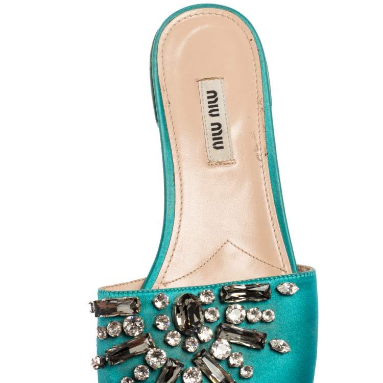 Pre Owned Miu Miu Blue Satin Crystal Embellished Slide Sandals Size 37