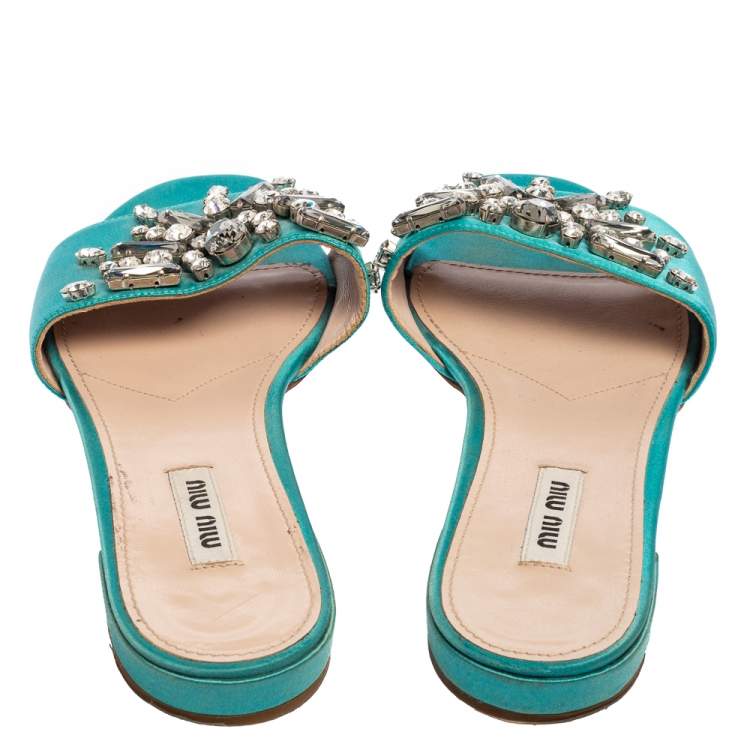 Pre Owned Miu Miu Blue Satin Crystal Embellished Slide Sandals Size 37