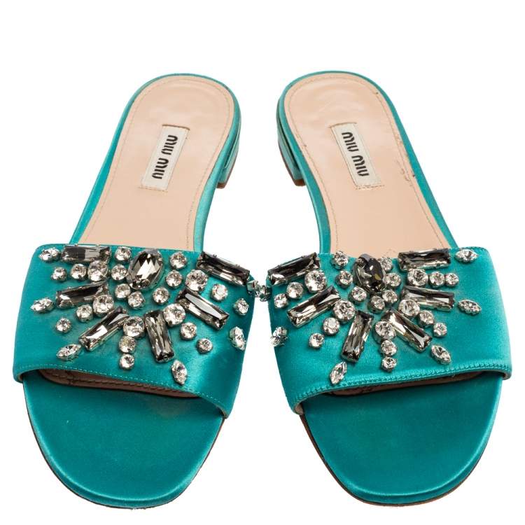 Pre Owned Miu Miu Blue Satin Crystal Embellished Slide Sandals Size 37