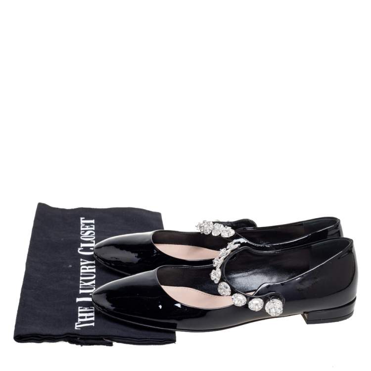 Pre Owned Miu Miu Black Patent Leather Crystal Embellished Mary Jane Ballet Flats Size 37.5
