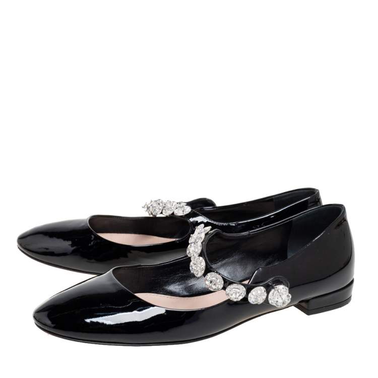 Pre Owned Miu Miu Black Patent Leather Crystal Embellished Mary Jane Ballet Flats Size 37.5