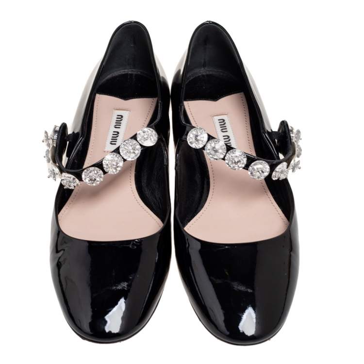 Pre Owned Miu Miu Black Patent Leather Crystal Embellished Mary Jane Ballet Flats Size 37.5