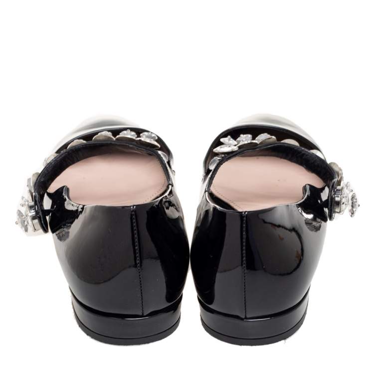 Pre Owned Miu Miu Black Patent Leather Crystal Embellished Mary Jane Ballet Flats Size 37.5