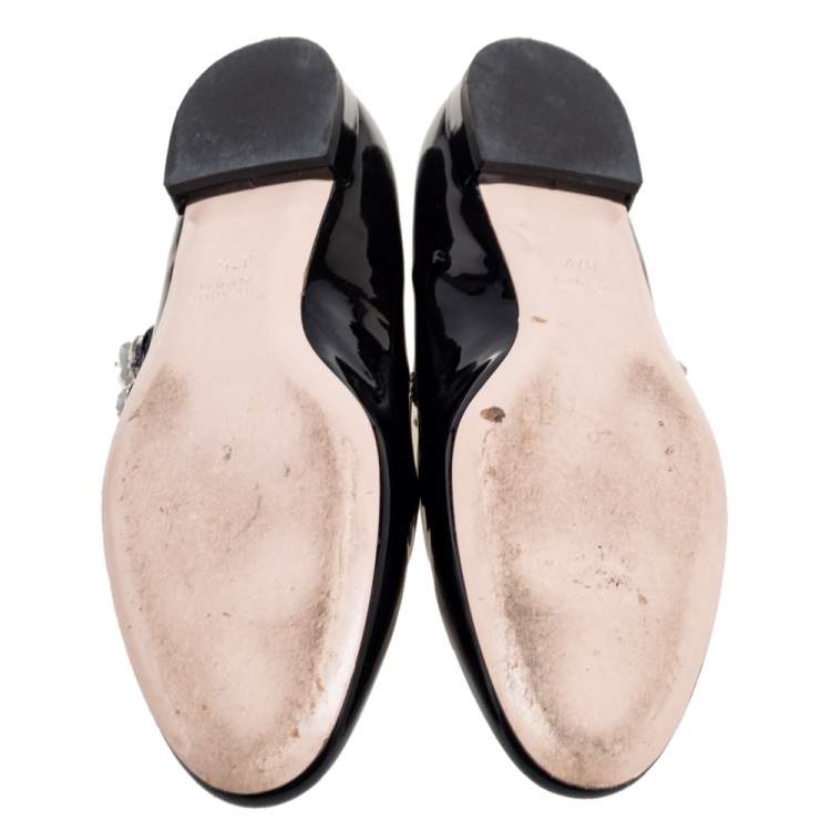 Pre Owned Miu Miu Black Patent Leather Crystal Embellished Mary Jane Ballet Flats Size 37.5