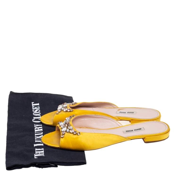 Pre Owned Miu Miu Yellow Satin Crystals Embellished Flat Slides Size 38
