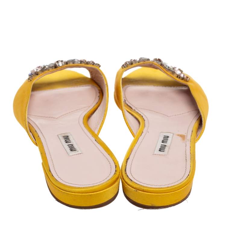 Pre Owned Miu Miu Yellow Satin Crystals Embellished Flat Slides Size 38