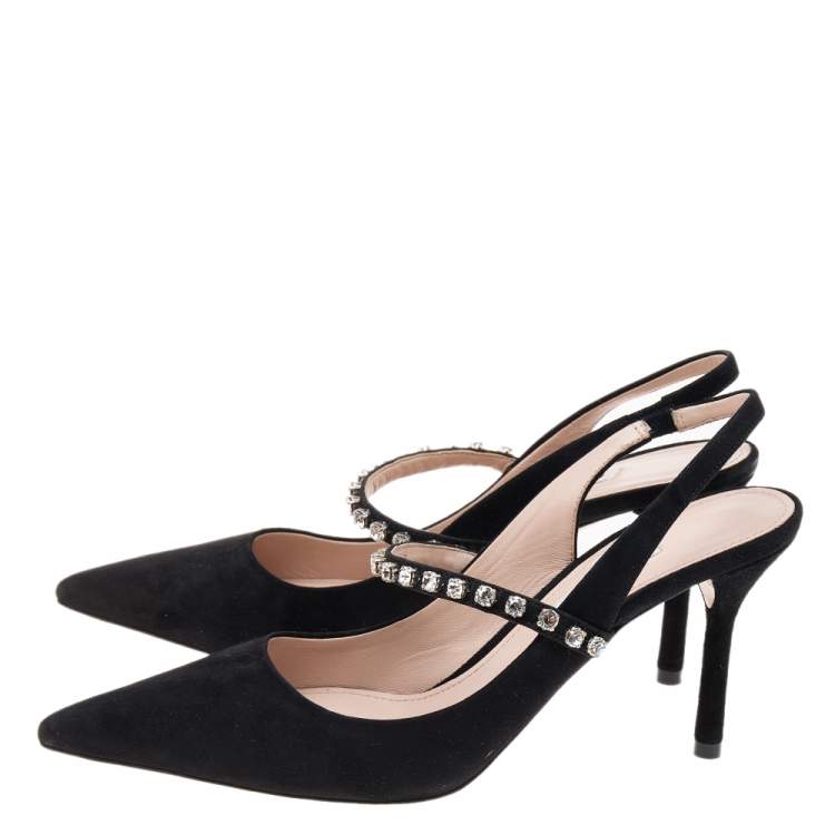 Pre Owned Miu Miu Black Suede Crystal Embellished Pointed Toe Slingback Sandals Size 36.5