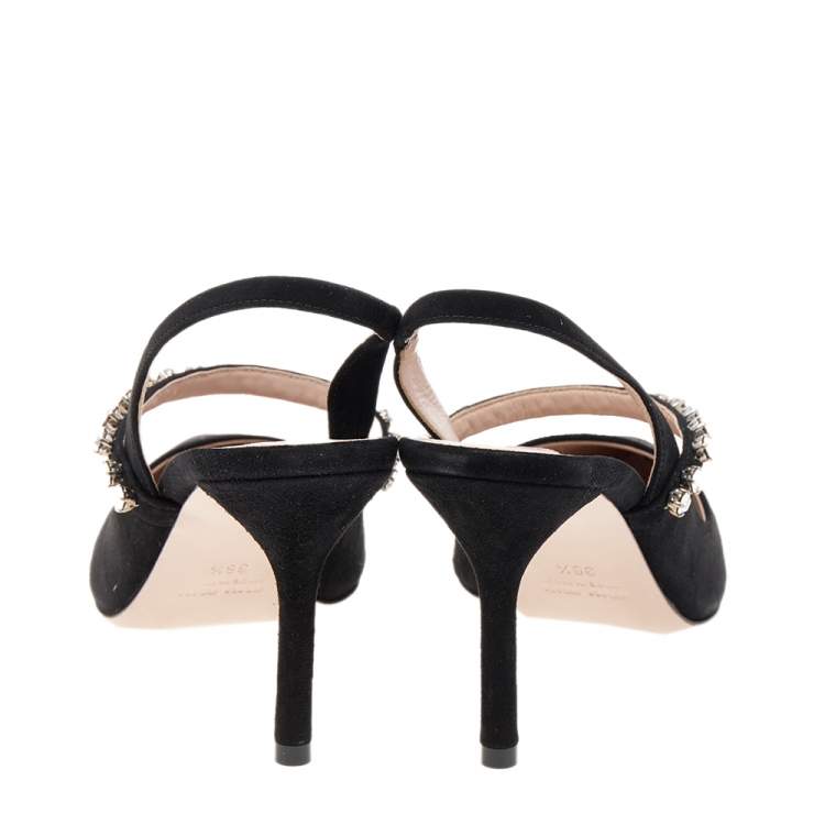 Pre Owned Miu Miu Black Suede Crystal Embellished Pointed Toe Slingback Sandals Size 36.5