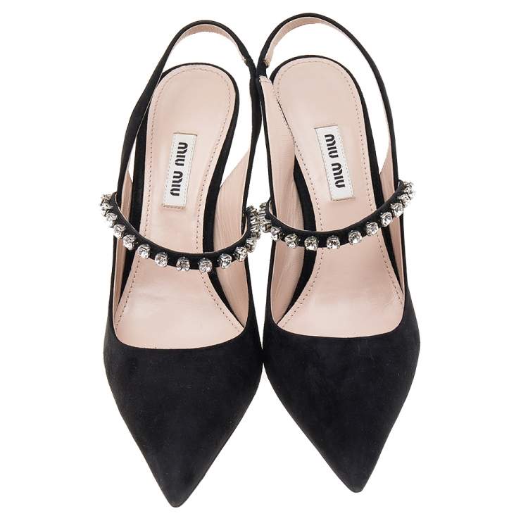 Pre Owned Miu Miu Black Suede Crystal Embellished Pointed Toe Slingback Sandals Size 36.5