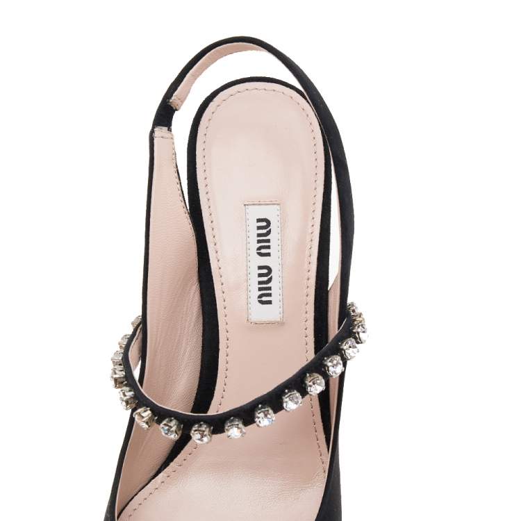 Pre Owned Miu Miu Black Suede Crystal Embellished Pointed Toe Slingback Sandals Size 36.5