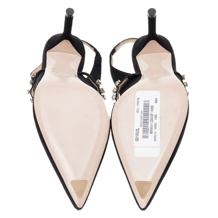 Pre Owned Miu Miu Black Suede Crystal Embellished Pointed Toe Slingback Sandals Size 36.5