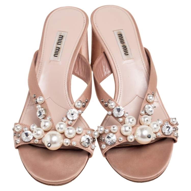 Pre Owned Miu Miu Beige  Satin Crystal And Pearl Embellished Slide Sandals Size 37.5