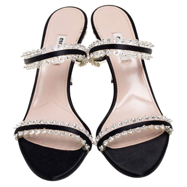 Pre Owned Miu Miu Black Crystals Embellished Satin and PVC Slide Sandals Size 40.5