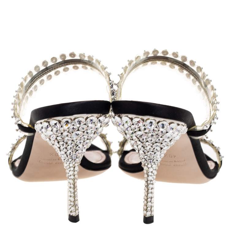 Pre Owned Miu Miu Black Crystals Embellished Satin and PVC Slide Sandals Size 40.5
