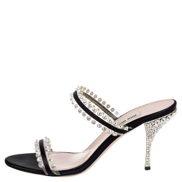 Pre Owned Miu Miu Black Crystals Embellished Satin and PVC Slide Sandals Size 40.5